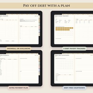 May include: A digital debt planner displayed on four screens, featuring sections titled Debt Overview, Debt Payoff Tracker 1, Extra Payments, and Debt Free Countdown. The interface includes tables, progress grids, and tabs for organization.