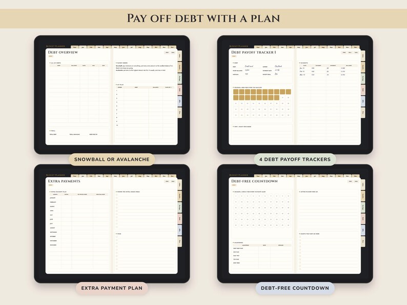 May include: A digital debt planner displayed on four screens, featuring sections titled Debt Overview, Debt Payoff Tracker 1, Extra Payments, and Debt Free Countdown. The interface includes tables, progress grids, and tabs for organization.