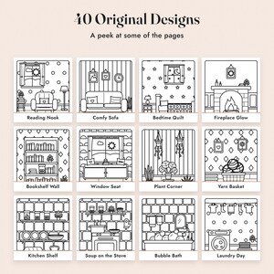 May include: A colouring book page featuring 40 Original Designs with the text A peek at some of the pages. The grid displays 12 black and white line art illustrations of interior scenes including a reading nook, sofa, fireplace, and kitchen.