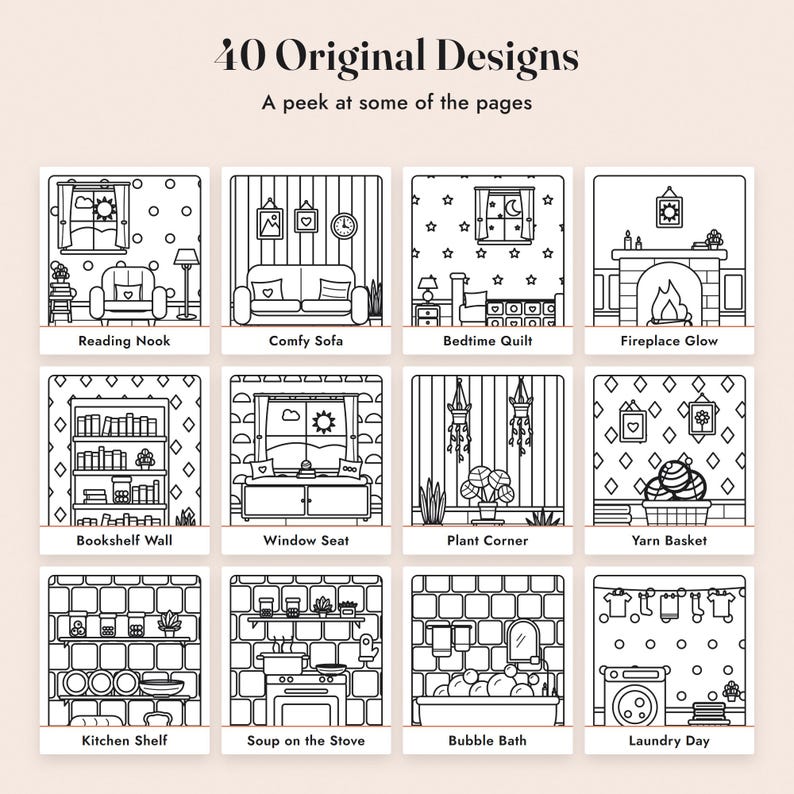 May include: A colouring book page featuring 40 Original Designs with the text A peek at some of the pages. The grid displays 12 black and white line art illustrations of interior scenes including a reading nook, sofa, fireplace, and kitchen.