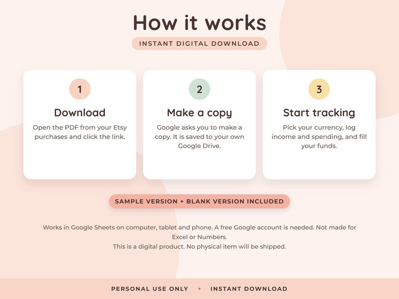 May include: An instructional graphic titled How it works, Instant Digital Download. Three white boxes numbered 1, 2, and 3 explain the process: Download the PDF, Make a copy in Google Drive, and Start tracking. Includes notes on Google Sheets compatibility.