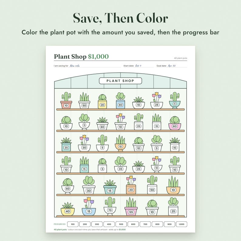 Savings Challenge Printable, Plant Shop Color In Tracker, 500 to 10000, Letter A4 image 4