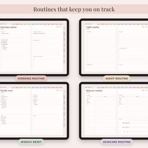 May include: A digital planner displayed on four screens, featuring sections for Morning routine, Night routine, Weekly reset, and Skincare routine. Each page includes lined checklists, task areas, and colorful side tabs for navigation.