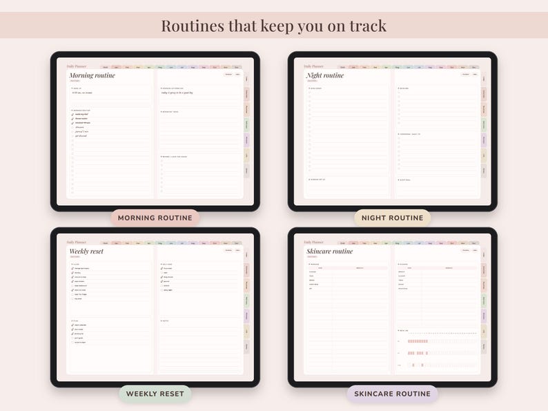 May include: A digital planner displayed on four screens, featuring sections for Morning routine, Night routine, Weekly reset, and Skincare routine. Each page includes lined checklists, task areas, and colorful side tabs for navigation.