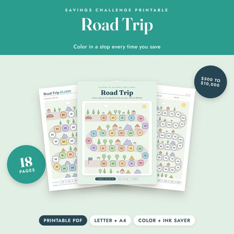 Savings Challenge Printable, Road Trip Map Color In Tracker, 500 to 10000, Letter A4 imagen 1