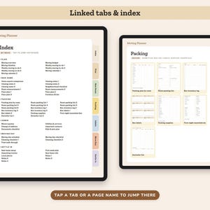 Puede incluir: Un planificador de mudanzas digital mostrado en dos pantallas con pesta&ntilde;as vinculadas y un &iacute;ndice. La pantalla izquierda muestra una lista detallada de secciones incluyendo Plan, New Home, Packing, Admin, Moving Day y Settle In. La derecha muestra plantillas.