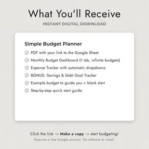 May include: A digital Simple Budget Planner document featuring a list of contents: a PDF with a Google Sheet link, a monthly budget dashboard, an expense tracker, a savings and debt goal tracker, an example budget, and a quick start guide.
