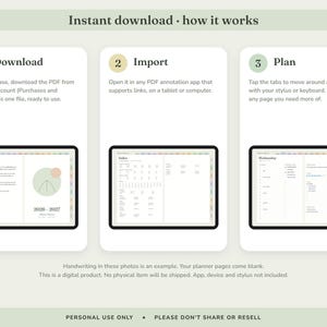 May include: An instructional graphic for a digital planner showing three steps: Download, Import, and Plan. Each step features a tablet screen displaying planner pages with tabs, calendar layouts, and daily schedules. Text explains the process.
