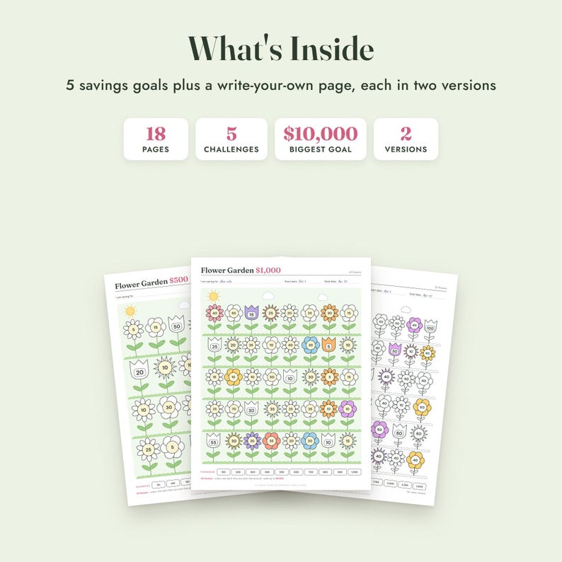 Plantilla imprimible para reto de ahorro: Rastreador de colores para jardín de flores, de 500 a 10000, tamaño carta A4 imagen 2