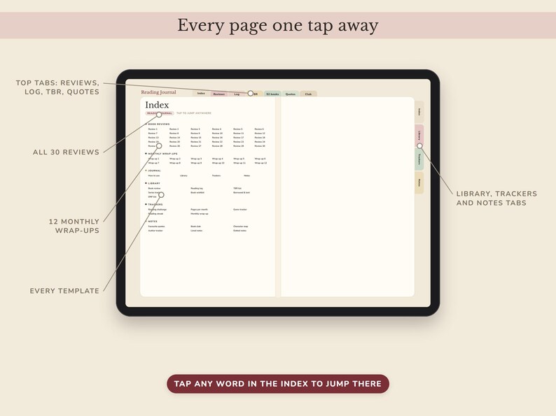 Digital Reading Journal, Hyperlinked Book Tracker with Review Pages, TBR List and Yearly Challenge image 7