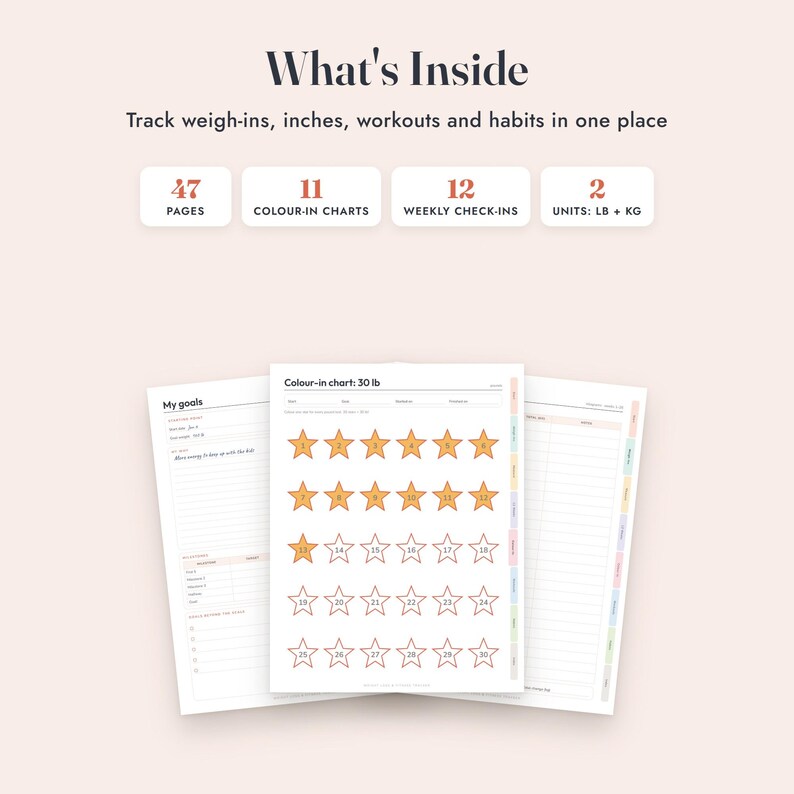 Op de afbeelding: Een digitale planner met de tekst What's Inside, Track weigh-ins, inches, workouts and habits in one place. Bevat 47 pagina's, 11 kleurdiagrammen, 12 wekelijkse check-ins en eenheden in lb en kg, inclusief een My goals pagina en een sterrenkaart.
