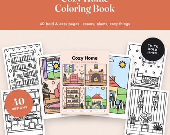 Könnte beinhalten: Ein Cozy Home Malbuch mit 40 einfachen und kräftigen Seiten, die Räume, Pflanzen und gemütliche Dinge zeigen. Das Cover zeigt vier Illustrationen von Wohnräumen und Außenansichten. Enthält druckbare PDF-Dateien in Letter- und A4-Größe.