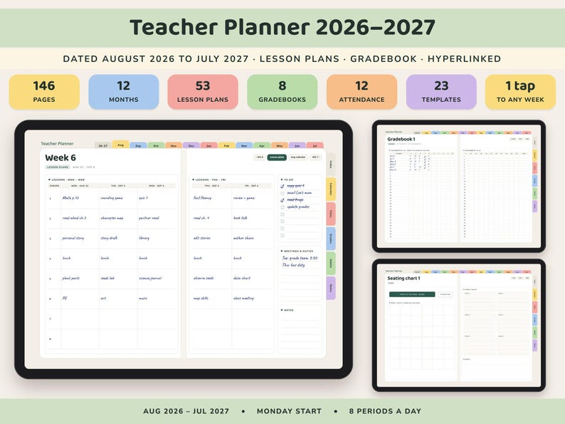 Teacher Planner 2026 2027, Dated Digital Lesson Plans, Gradebook, Seating Chart, Attendance image 1