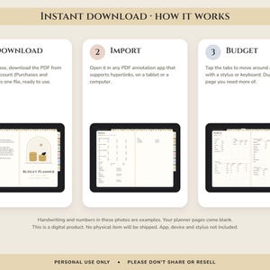 May include: An instructional graphic titled INSTANT DOWNLOAD &middot; HOW IT WORKS, featuring three steps: 1 DOWNLOAD, 2 IMPORT, and 3 BUDGET. Each step includes a screenshot of a digital budget planner interface on a tablet, with text explaining the process.