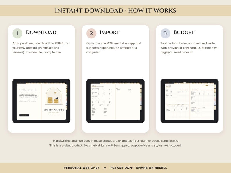 May include: An instructional graphic titled INSTANT DOWNLOAD &middot; HOW IT WORKS, featuring three steps: 1 DOWNLOAD, 2 IMPORT, and 3 BUDGET. Each step includes a screenshot of a digital budget planner interface on a tablet, with text explaining the process.