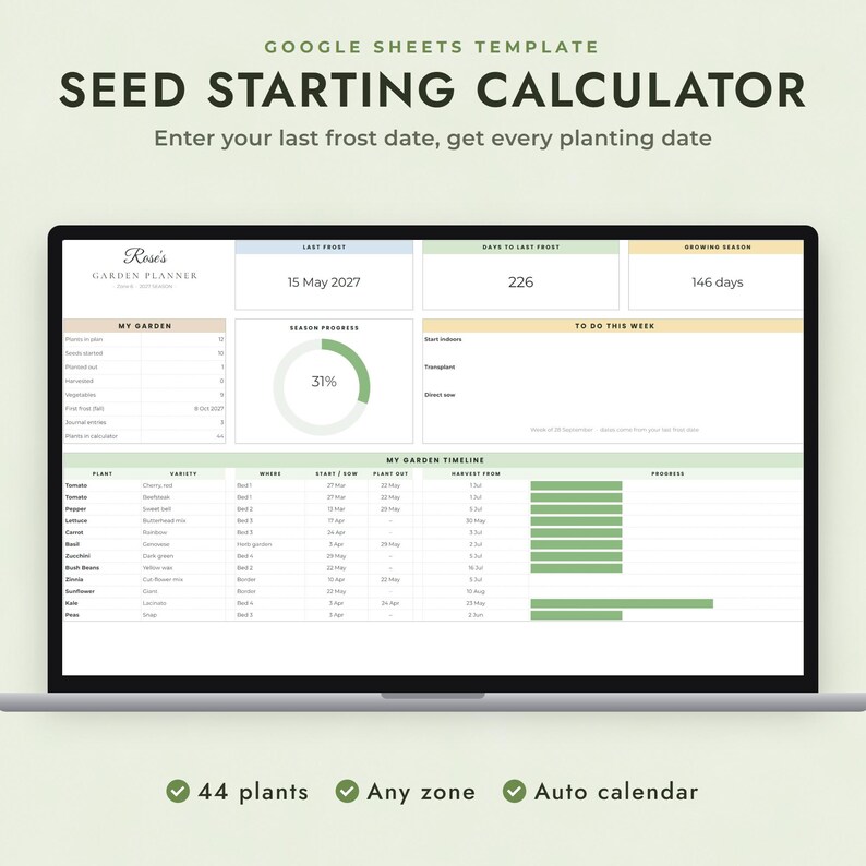 Seed Starting Calculator Google Sheets, Vegetable Garden Planner, Planting Calendar by Frost Date Bild 1