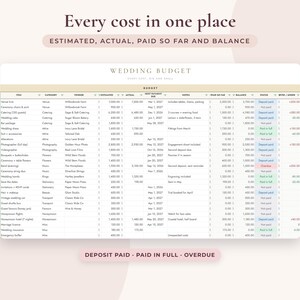 May include: A digital wedding budget spreadsheet template featuring columns for item, category, vendor, estimated, actual, next payment due, notes, paid so far, balance, status, and over/under. The header reads Wedding Budget, Every cost in one place.