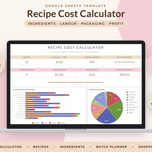 Recipe Cost Calculator Google Sheets, Bakery Pricing Spreadsheet, Home Baker Order Planner, Ingredient Costing image 1