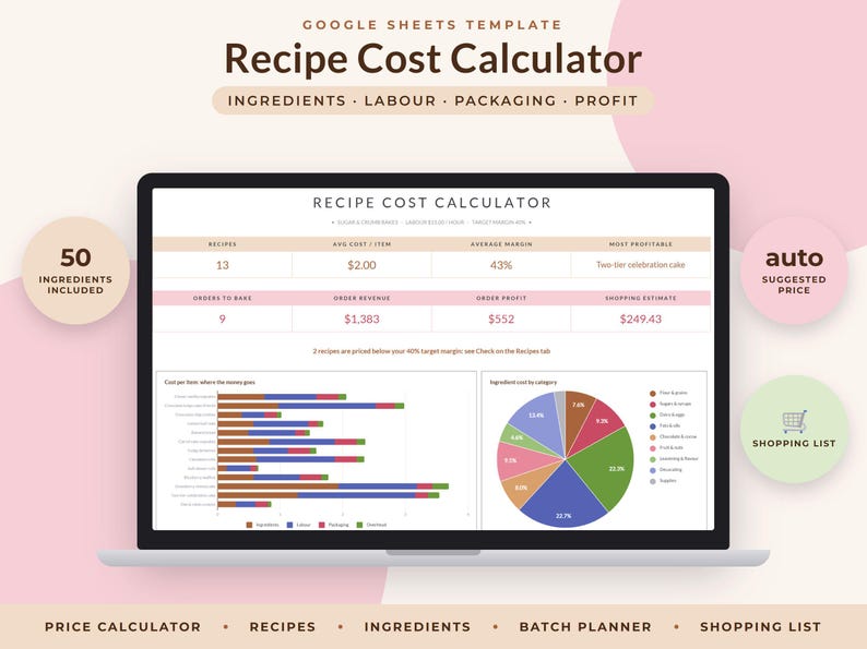 Recipe Cost Calculator Google Sheets, Bakery Pricing Spreadsheet, Home Baker Order Planner, Ingredient Costing image 1