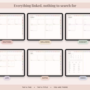 May include: A digital planner displayed on six screens, featuring sections for Routines, Wellness, Mindset, Life, Notes, and Index. Each screen shows a white layout with colored tabs and the text Everything linked, nothing to search for.