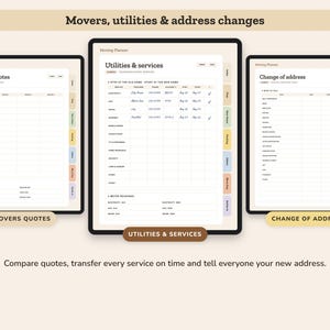 Puede incluir: Tres p&aacute;ginas de planificador de mudanzas digital sobre un fondo claro. La p&aacute;gina izquierda se titula Movers quotes, la central Utilities & services y la derecha Change of address. Cada p&aacute;gina presenta tablas organizadas y pesta&ntilde;as.