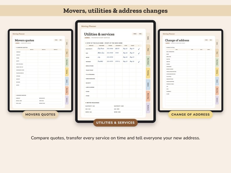 Puede incluir: Tres p&aacute;ginas de planificador de mudanzas digital sobre un fondo claro. La p&aacute;gina izquierda se titula Movers quotes, la central Utilities & services y la derecha Change of address. Cada p&aacute;gina presenta tablas organizadas y pesta&ntilde;as.