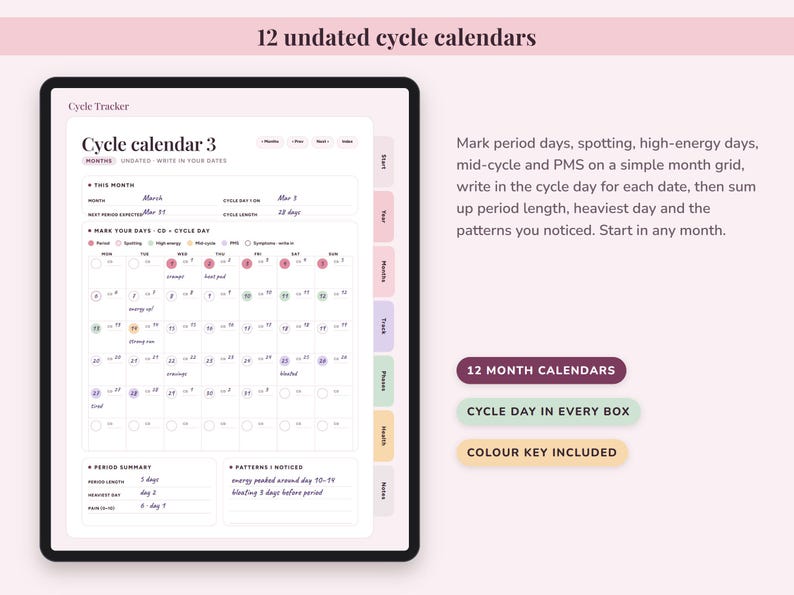 Cycle Tracker Journal Printable, Period Log, Menstrual Calendar, PMS Symptom Mood Planner, Undated Digital image 2