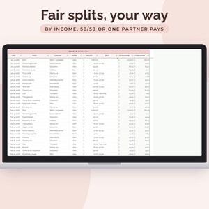 May include: A laptop screen displaying a digital spreadsheet titled Shared Expenses with columns for date, item, category, paid by, amount, split, and individual shares. Text above reads Fair splits, your way by income, 50/50 or one partner pays.