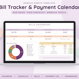 May include: A Google Sheets template for a Bill Tracker & Payment Calendar displayed on a laptop screen. The dashboard features a bills summary, a donut chart showing spending by category, and a list of upcoming bills with due dates and amounts.