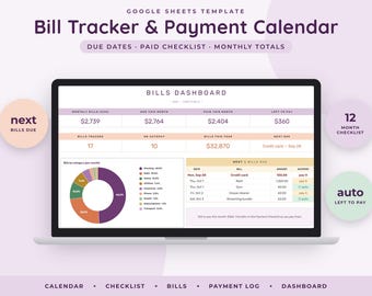 Bill Tracker Google Sheets, Monthly Payment Calendar, Due Date Checklist, Household Expense Spreadsheet