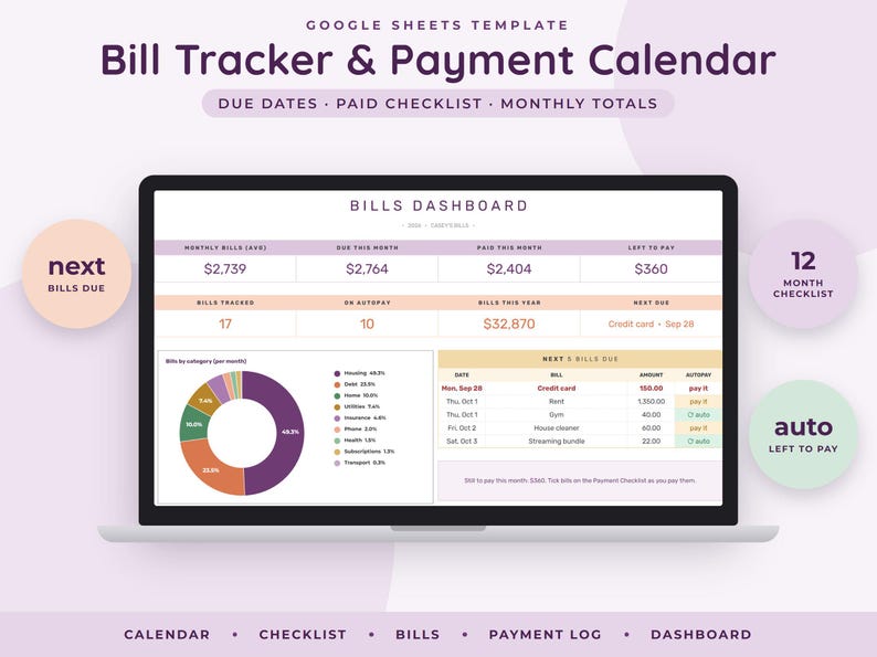 May include: A Google Sheets template for a Bill Tracker & Payment Calendar displayed on a laptop screen. The dashboard features a bills summary, a donut chart showing spending by category, and a list of upcoming bills with due dates and amounts.