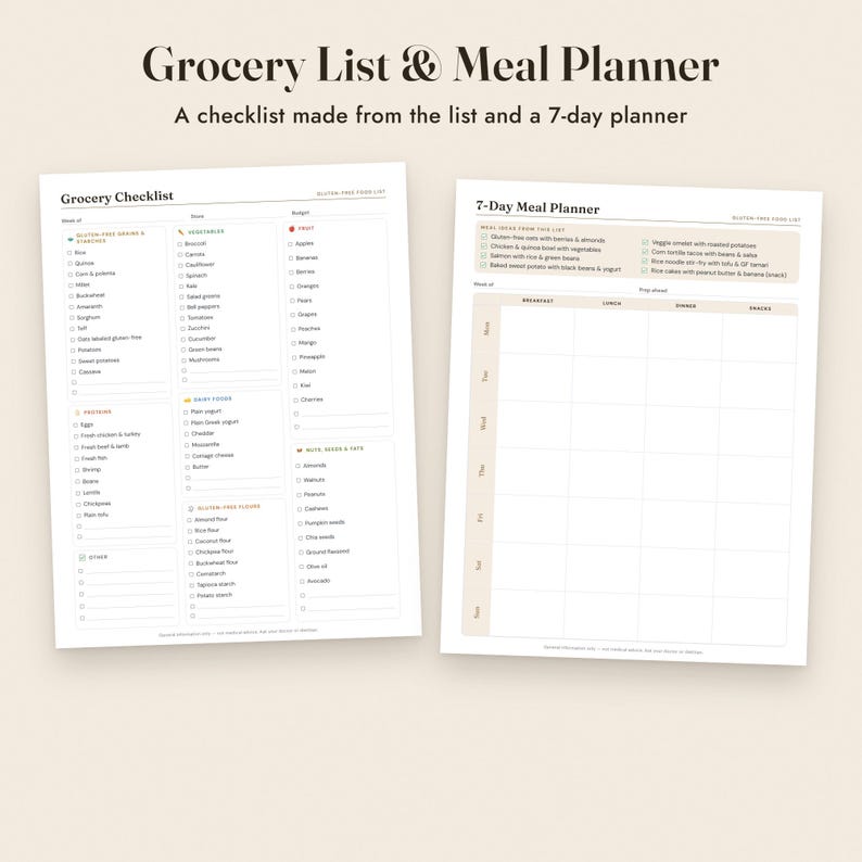 Gluten Free Food List Printable, Celiac Grocery List, Label Guide, Meal Planner, Letter A4 image 7