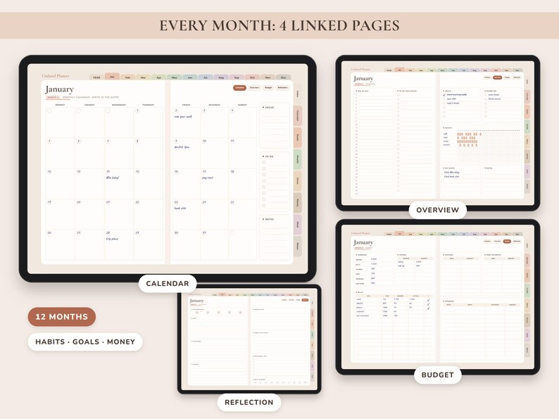 Undated Digital Planner, Hyperlinked Daily Weekly Monthly Pages, Boho Landscape Journal with Habit Tracker image 5