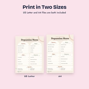 K&ouml;nnte beinhalten: Zwei druckbare Dopamine Menu-Bl&auml;tter in den Formaten US Letter und A4. Die beigen Dokumente enthalten dunkelbraunen Text, der in Abschnitte wie Starters, Mains, Sides, Desserts und Specials unterteilt ist, mit Kontrollk&auml;stchen f&uuml;r t&auml;gliche Aktivit&auml;ten.
