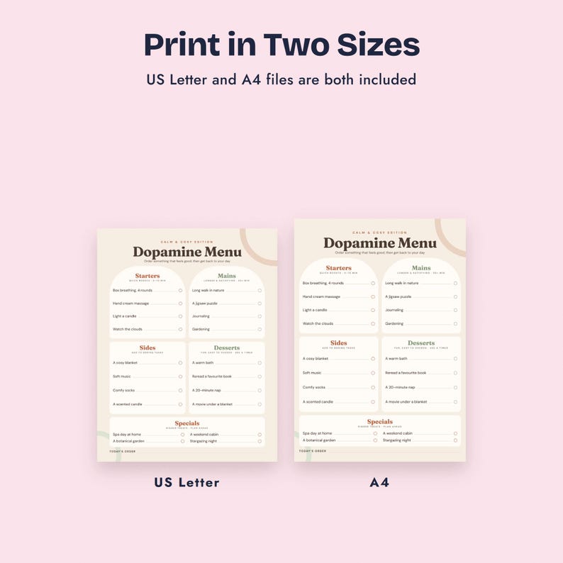 K&ouml;nnte beinhalten: Zwei druckbare Dopamine Menu-Bl&auml;tter in den Formaten US Letter und A4. Die beigen Dokumente enthalten dunkelbraunen Text, der in Abschnitte wie Starters, Mains, Sides, Desserts und Specials unterteilt ist, mit Kontrollk&auml;stchen f&uuml;r t&auml;gliche Aktivit&auml;ten.
