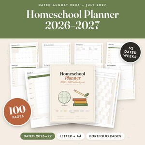 Planificador de educación en casa 2026-2027 imprimible, con fechas, registro de asistencia, registro de lecciones, portafolio, tamaño carta A4 imagen 1
