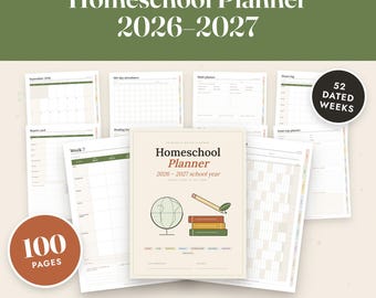 Może przedstawiać: Planer do nauczania domowego na rok szkolny 2026-2027, datowany od sierpnia 2026 do lipca 2027. Zestaw zawiera 100 stron, 52 datowane tygodnie i jest dostępny w formatach letter oraz A4. Okładka przedstawia globus, ołówek i stos książek.