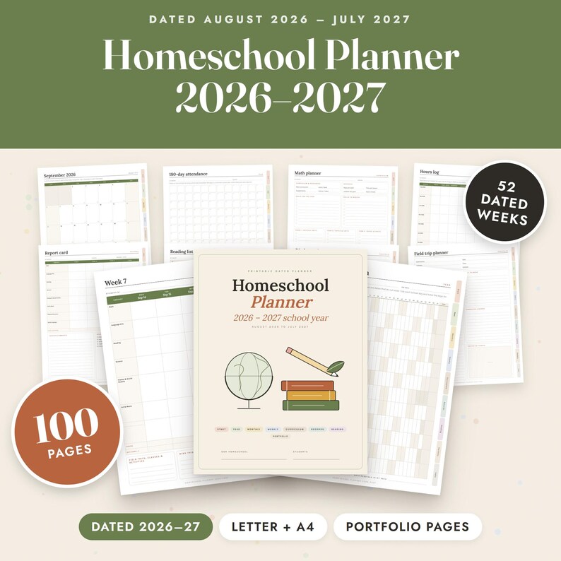 Planificador de educación en casa 2026-2027 imprimible, con fechas, registro de asistencia, registro de lecciones, portafolio, tamaño carta A4 imagen 1