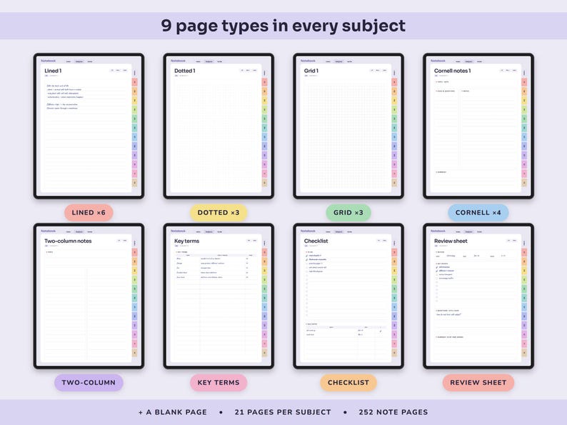 Digital Notebook, 12 Colour Coded Subject Tabs, Hyperlinked Lined, Dotted, Grid and Cornell Pages image 3