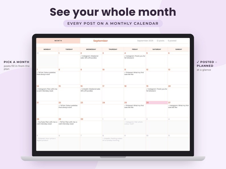 May include: A digital monthly calendar displayed on a laptop screen, showing the month of September with various social media post entries. The interface includes text labels such as See your whole month, Pick a month, and Posted planned at a glance.