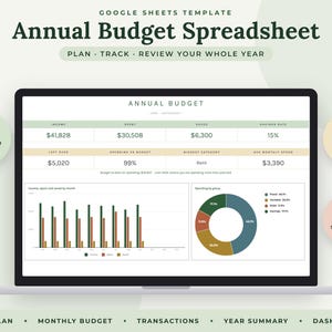 Annual Budget Spreadsheet Google Sheets, Yearly Money Planner with Monthly Tracker and Year Summary image 1
