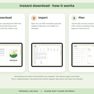 Puede incluir: Un gr&aacute;fico instructivo titulado Instant download - how it works, que presenta tres pasos: 1 Download, 2 Import y 3 Plan. Cada paso incluye instrucciones de texto y una pantalla de tableta que muestra una interfaz de planificador de comidas.