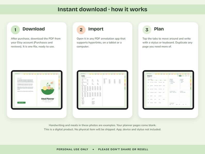 Puede incluir: Un gr&aacute;fico instructivo titulado Instant download - how it works, que presenta tres pasos: 1 Download, 2 Import y 3 Plan. Cada paso incluye instrucciones de texto y una pantalla de tableta que muestra una interfaz de planificador de comidas.