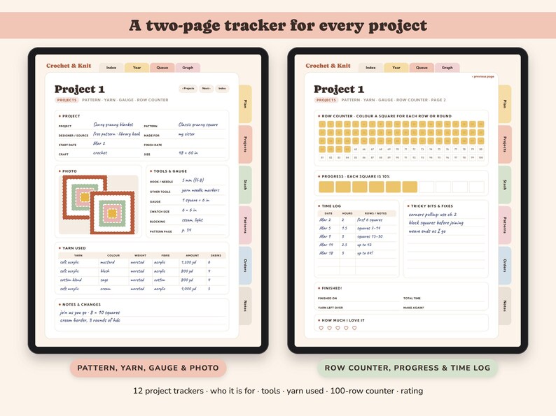 Crochet Planner Printable, Knitting Project Tracker, Yarn Stash Inventory, Row Counter, Pattern Log, Digital image 2