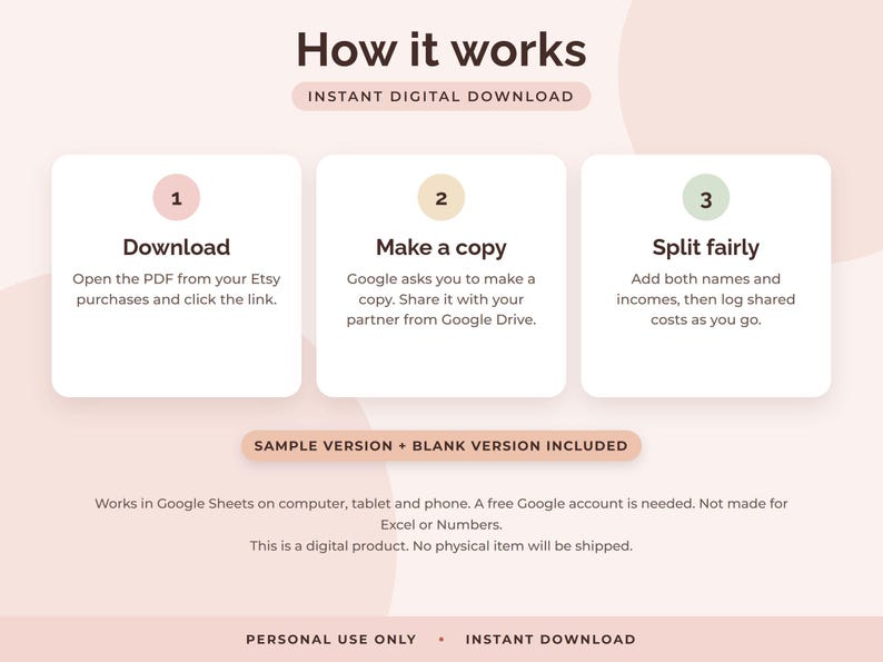 May include: An instructional graphic titled How it works with three steps: 1 Download, 2 Make a copy, and 3 Split fairly. It explains using a Google Sheets digital product for expense tracking, noting it requires a Google account and is not for Excel.