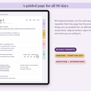 Puede incluir: Una p&aacute;gina de diario de manifestaci&oacute;n digital en una pantalla de tableta, que muestra el D&iacute;a 3 con secciones para avisos, gratitud, afirmaciones, estado de &aacute;nimo, acciones, se&ntilde;ales, logros e intenciones. Incluye 90 avisos diarios.