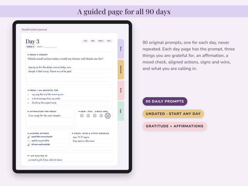 Puede incluir: Una p&aacute;gina de diario de manifestaci&oacute;n digital en una pantalla de tableta, que muestra el D&iacute;a 3 con secciones para avisos, gratitud, afirmaciones, estado de &aacute;nimo, acciones, se&ntilde;ales, logros e intenciones. Incluye 90 avisos diarios.