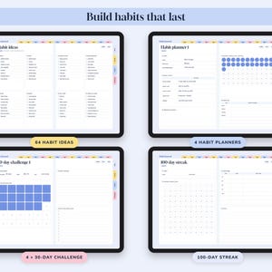 May include: A digital habit journal displayed on four screens featuring the text Build habits that last. The pages include sections for Habit ideas, Habit planner 1, 30 day challenge 1, and 100 day streak with various checklists, calendars, and tracking grids.