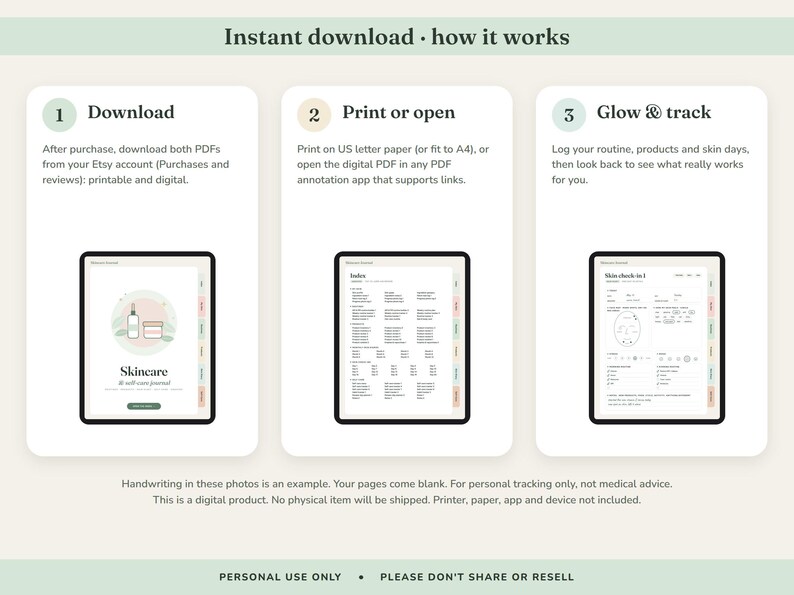Skincare Journal Printable, Self Care Planner, Routine Tracker, Skin Diary, Product Inventory, Digital Undated image 10