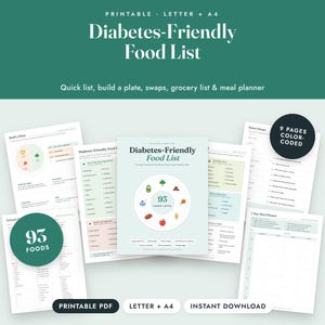 Diabetes Food List Printable, Diabetic Grocery List, Meal Planner, Plate Guide, Letter A4 imagem 1